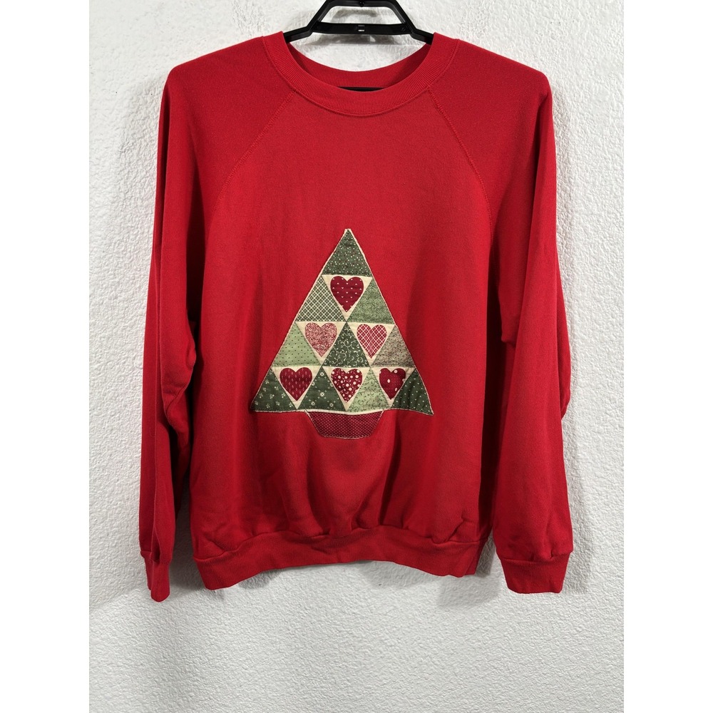 Vintage Sweatshirt Womens XL Red Quilted Heart Christmas Tree Holiday 80s